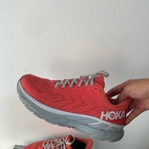 Hoka Clifton 7s Red and Gray Athletic Shoes with Cushioned Sole
